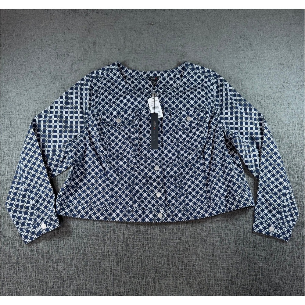 Intro Love The Fit Navy Geometric Cropped Denim Jacket Plus Size 3X NWT 350717P